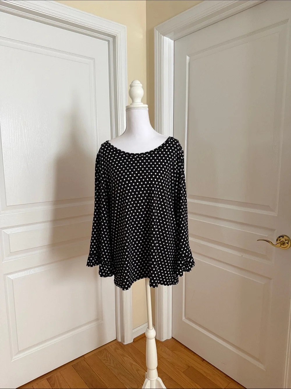 Michael Kors Black & White Polka Dot Long Sleeve Top